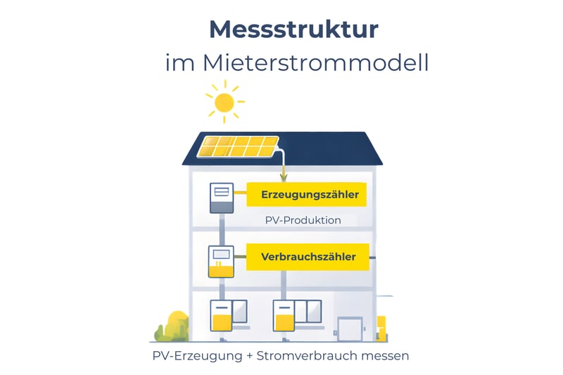 Messstruktur für Mieterstrom Abrechnung im Mieterstrommodell mit PV-Anlage auf Mehrfamilienhaus